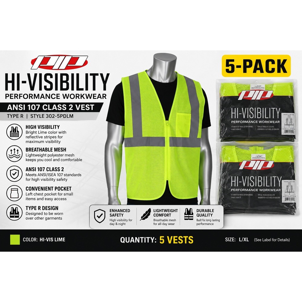PIP Hi-Visibility Class 2 Safety Vest 5-Pack Lime Mesh Zipper 302-5PDLM‎ L/XL